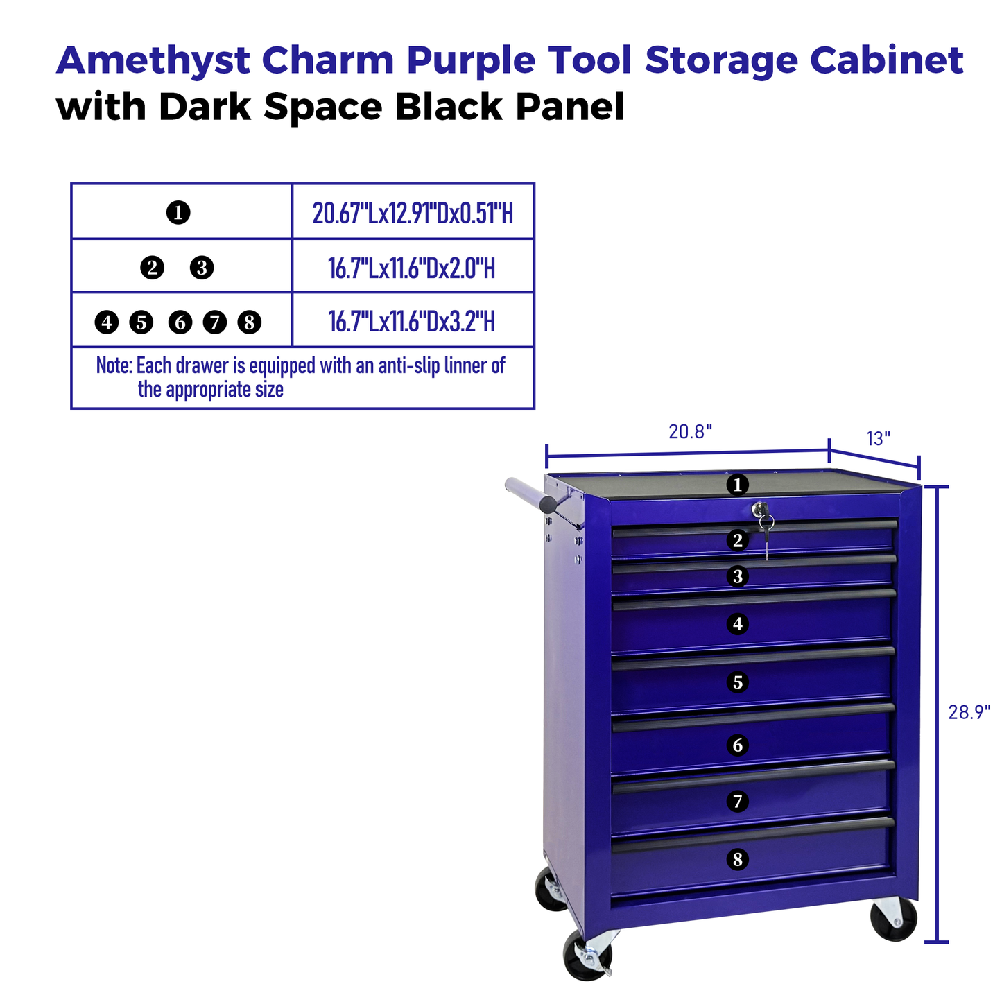 Rolling Metal Tool Chest with 7 Drawers, 20" Steel Cabinet - Purple