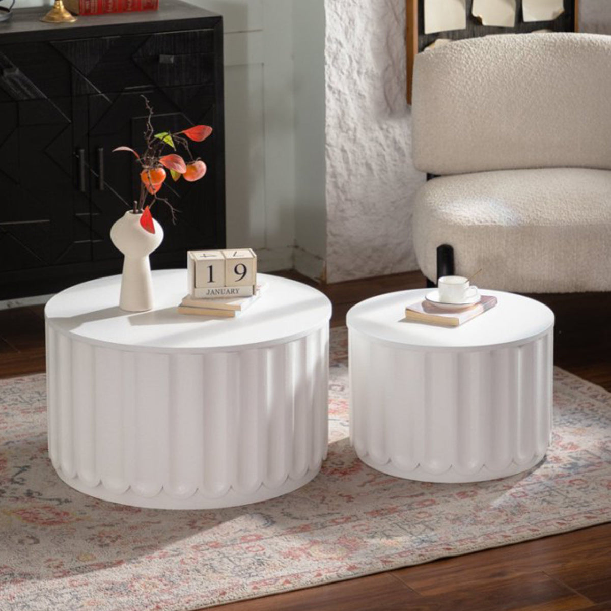 White Round Storage Table Set with Lift-Off Lid