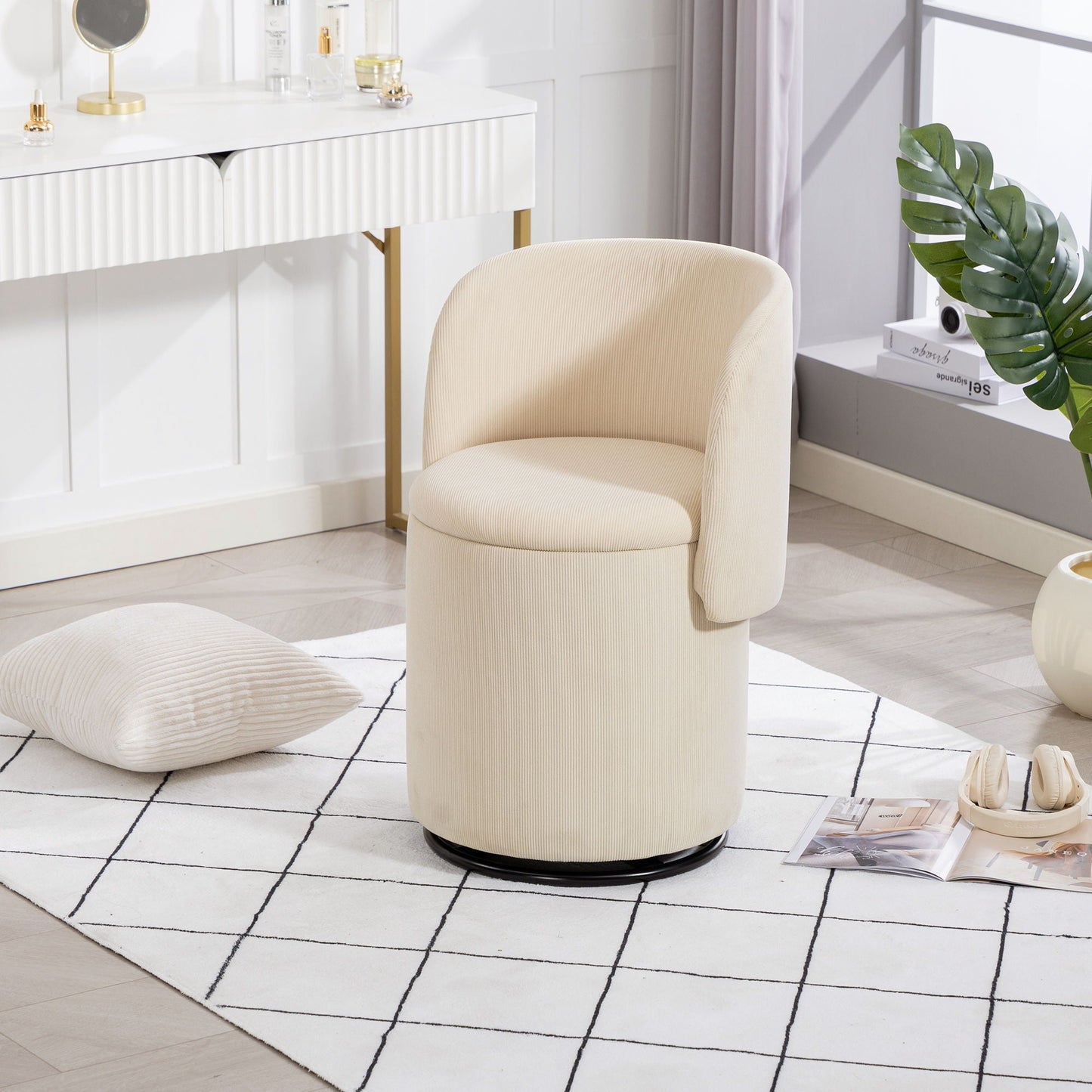 Barrel Chair, Built In Storage, 360° Swivel - Beige