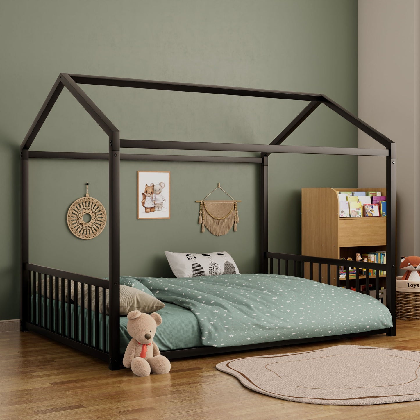 Montessori Style Floor House Shaped Bed With Safety Guardrails