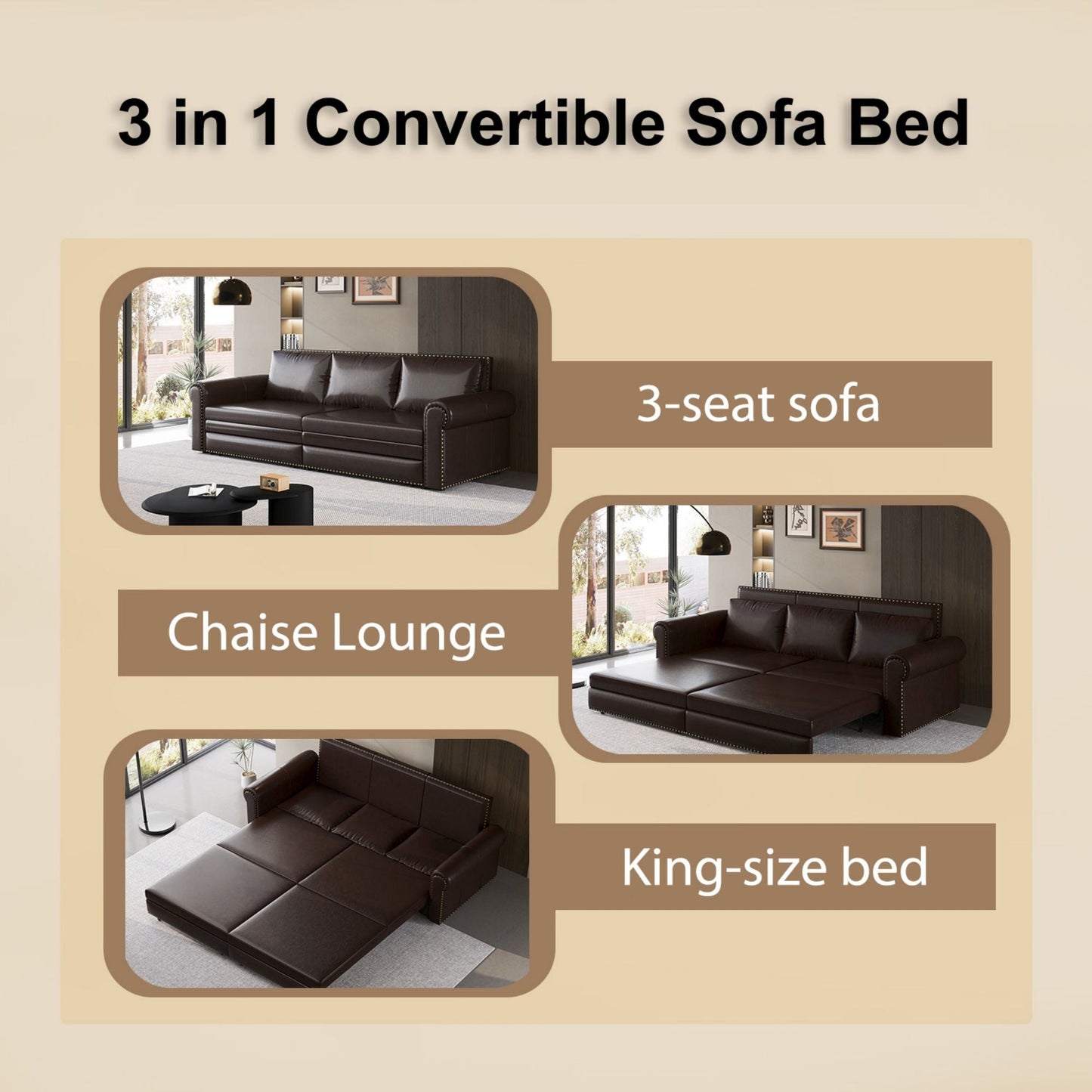 3 In 1 Convertible Sleeper Sofa With Nailhead Trim & Rolled Arm