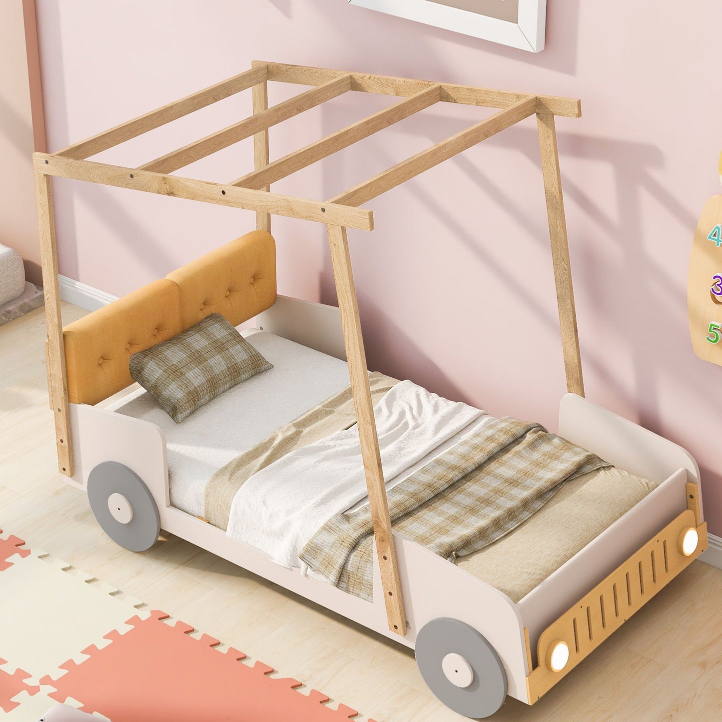 Twin Size Car Bed With Pillow, Ceiling Cloth And LED - Natural