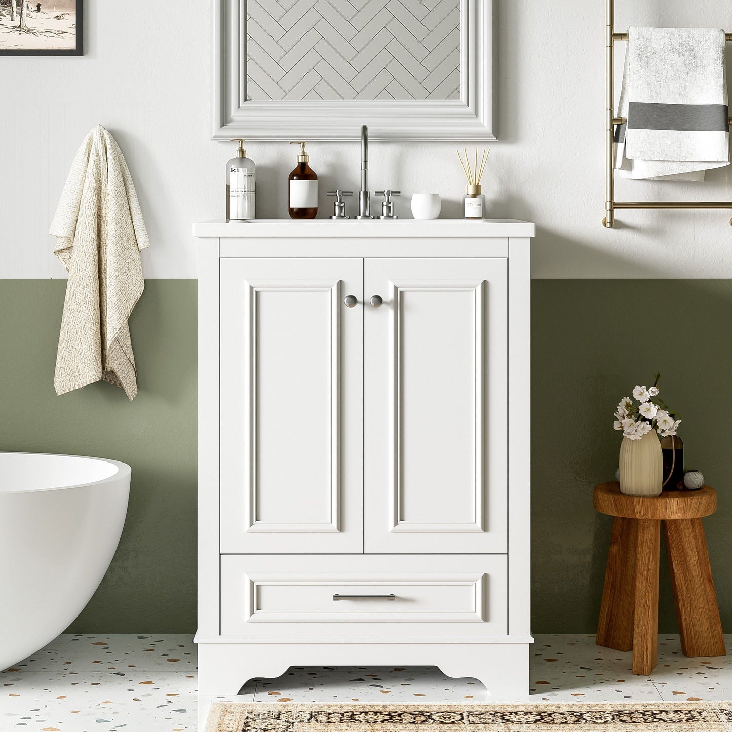 Bathroom Vanity With Ceramic Sink Combo, Modern Freestanding Storage Cabinet With Silver Handles