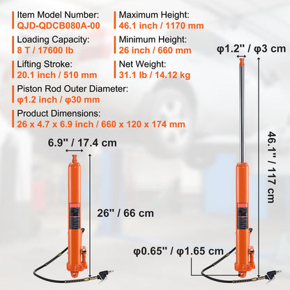 Hydraulic Long Ram Jack, 8 Ton Engine Hoist Cylinder