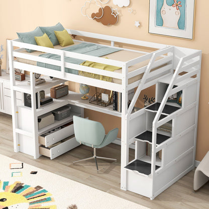 Loft Bed With Desk, Shelves, 2 Drawers, Storage Staircase