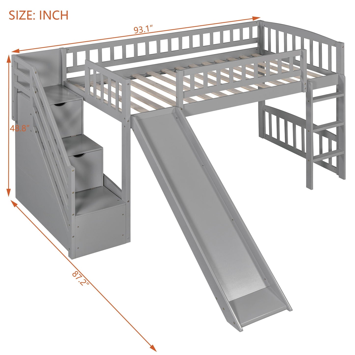 Loft Stairway Bed With 2 Drawers, Convertible Ladder And Slide