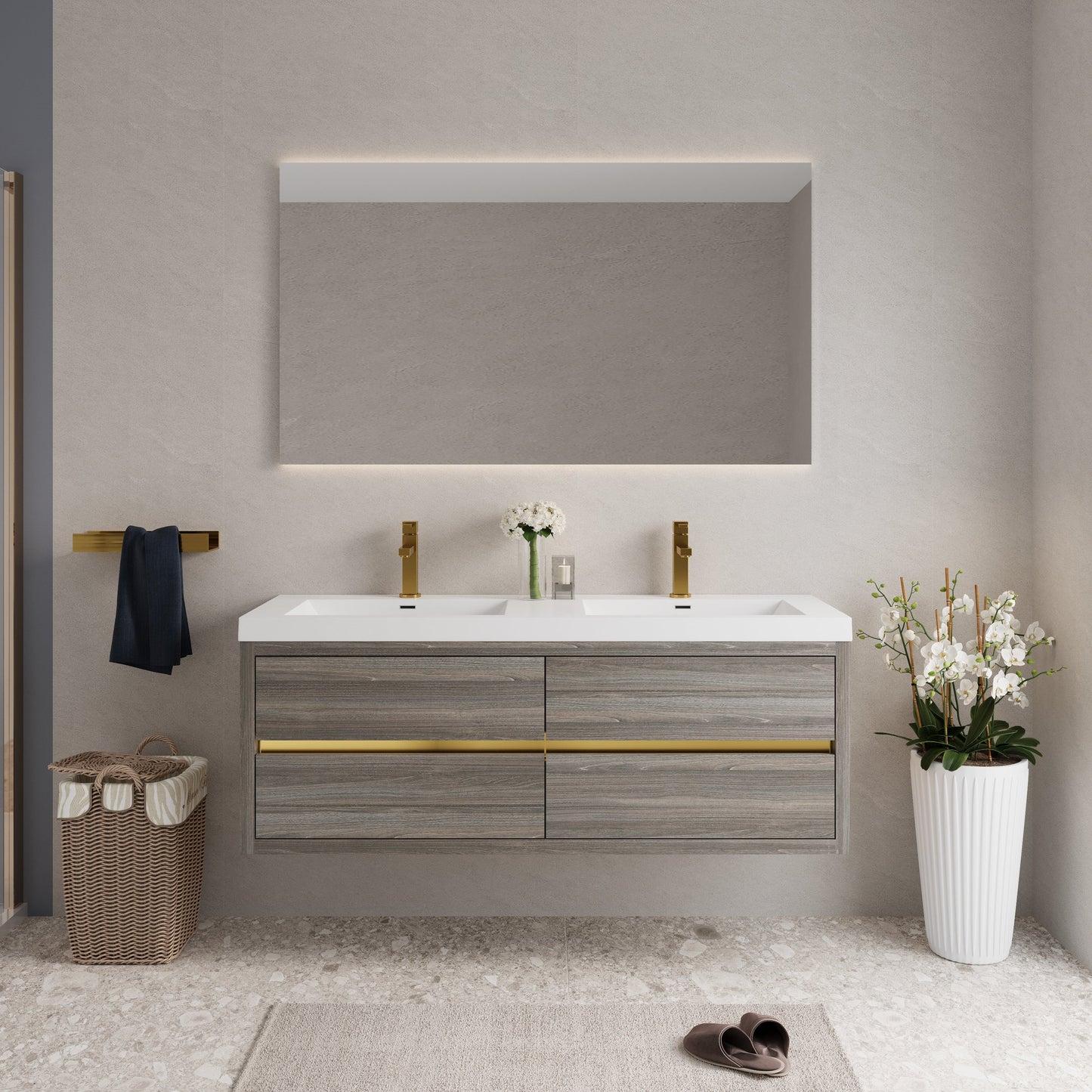 60" Wall-Mounted Bathroom Vanity with Double Sinks and Floating Storage