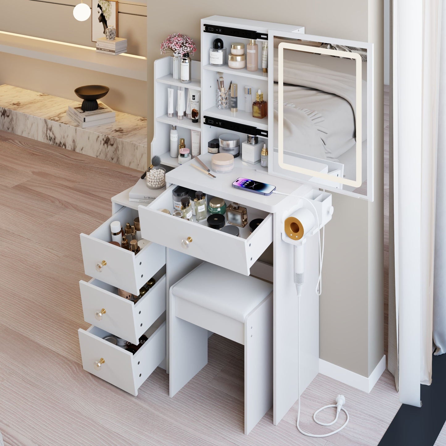 Cabinet Vanity Table & Cushioned Stool, USB Power Station, Hair Dryer Bracket - White