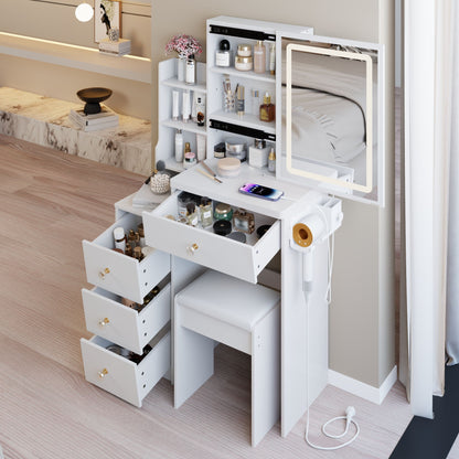 Cabinet Vanity Table & Cushioned Stool, USB Power Station, Hair Dryer Bracket - White