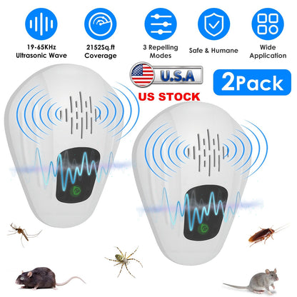 Ultrasonic Pest Repeller 2-Pack for Mosquitoes, Roaches & Rats