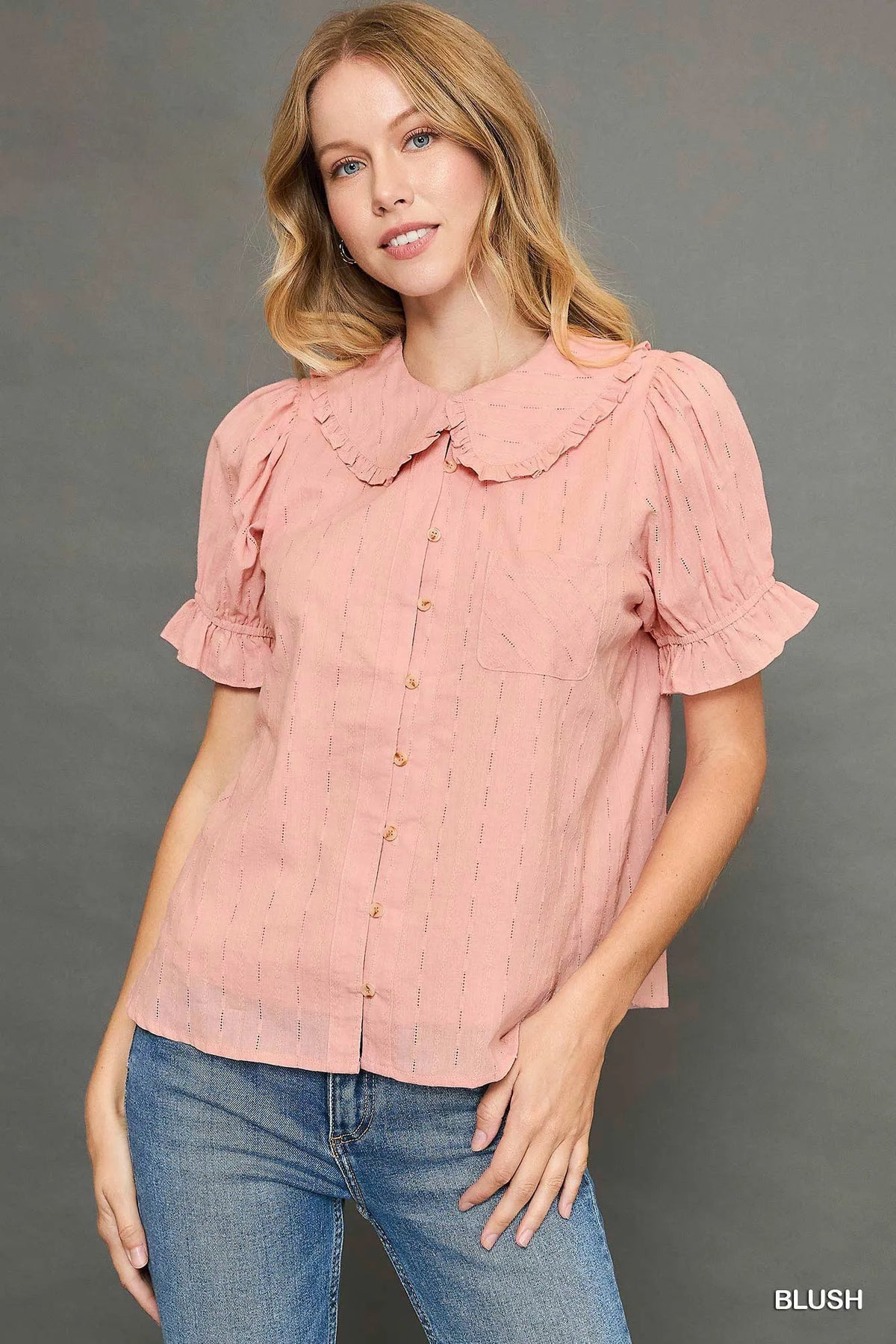 Peter Pan Collared Button Down Textured Shirt with Ruffled Detail