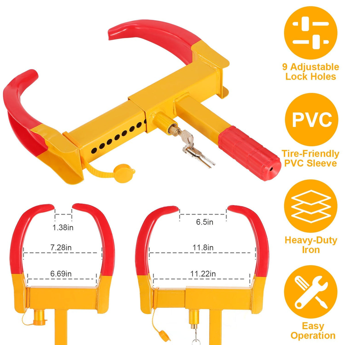 Heavy Duty Wheel Clamp Anti-Theft Adjustable Tire Lock w/3 Keys for Cars Trailer Truck Motorcycles ATV RV Golf Carts