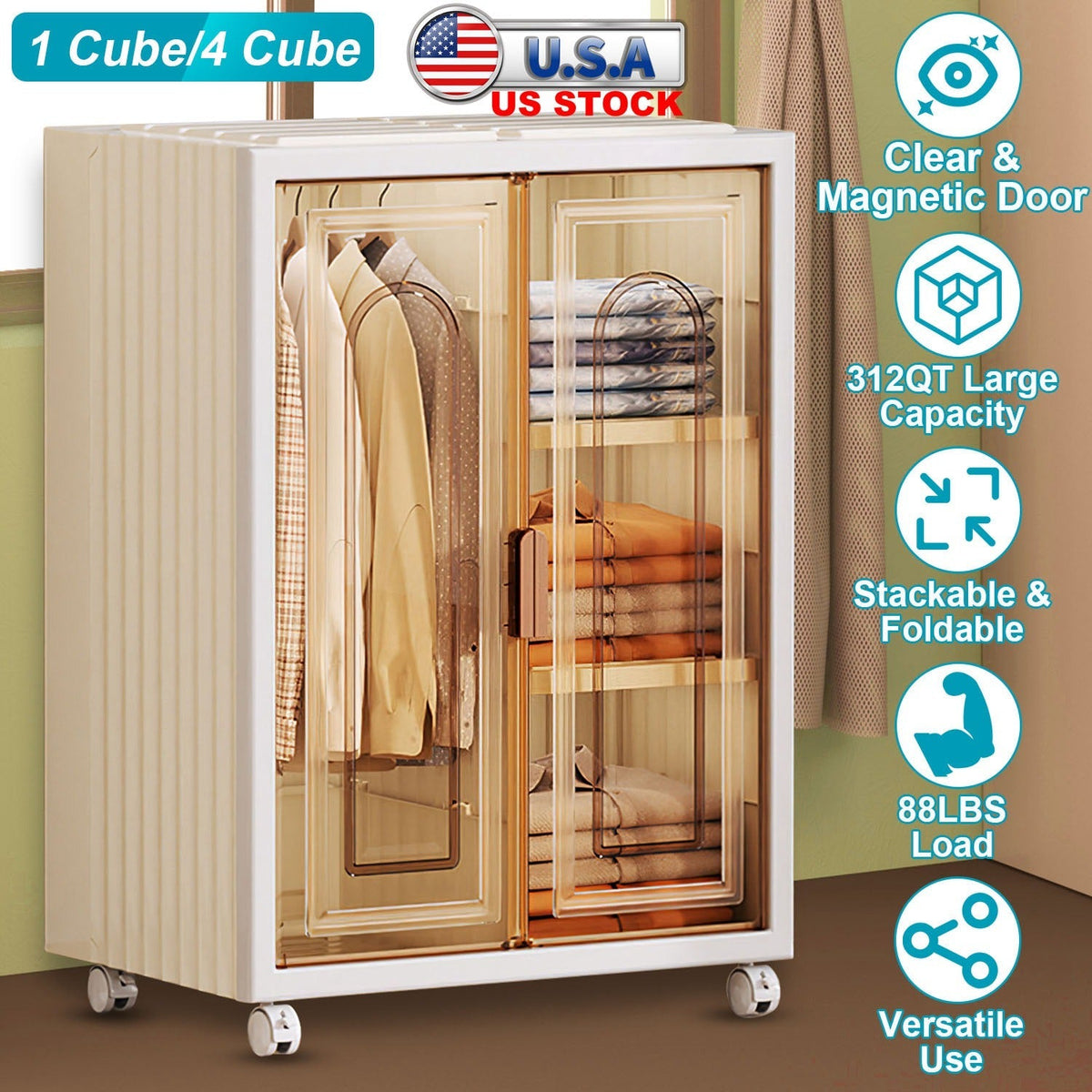 Small Wardrobe Closet Kids Wardrobe Clear Wardrobe Closet for Hanging Clothes Stackable Storage Cabinet with Magnetic Design for Living Room Bedroom D