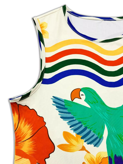 Tropical Parrot Print Sleeveless Midi Dress
