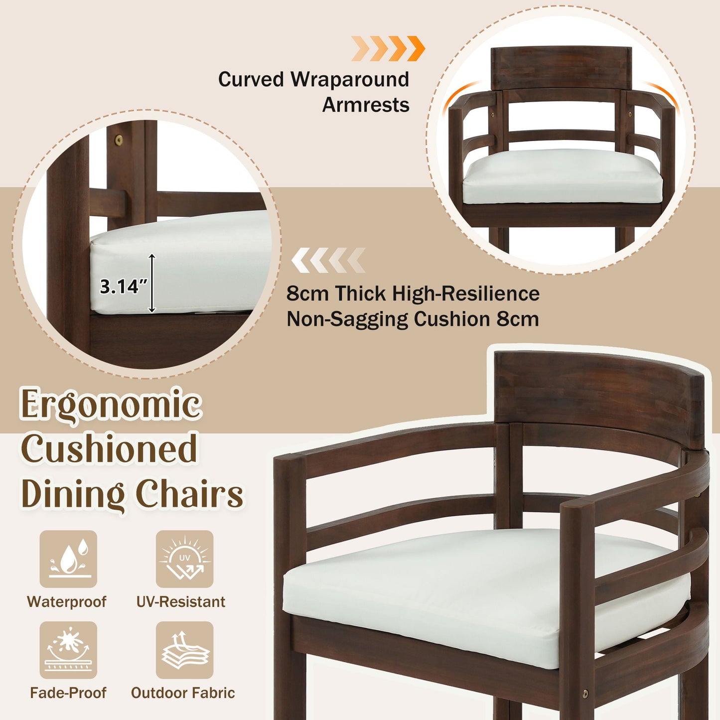 5 Piece Round Patio Table & Cushioned Armrest Chairs, Outdoor Dining Set With Umbrella Hole