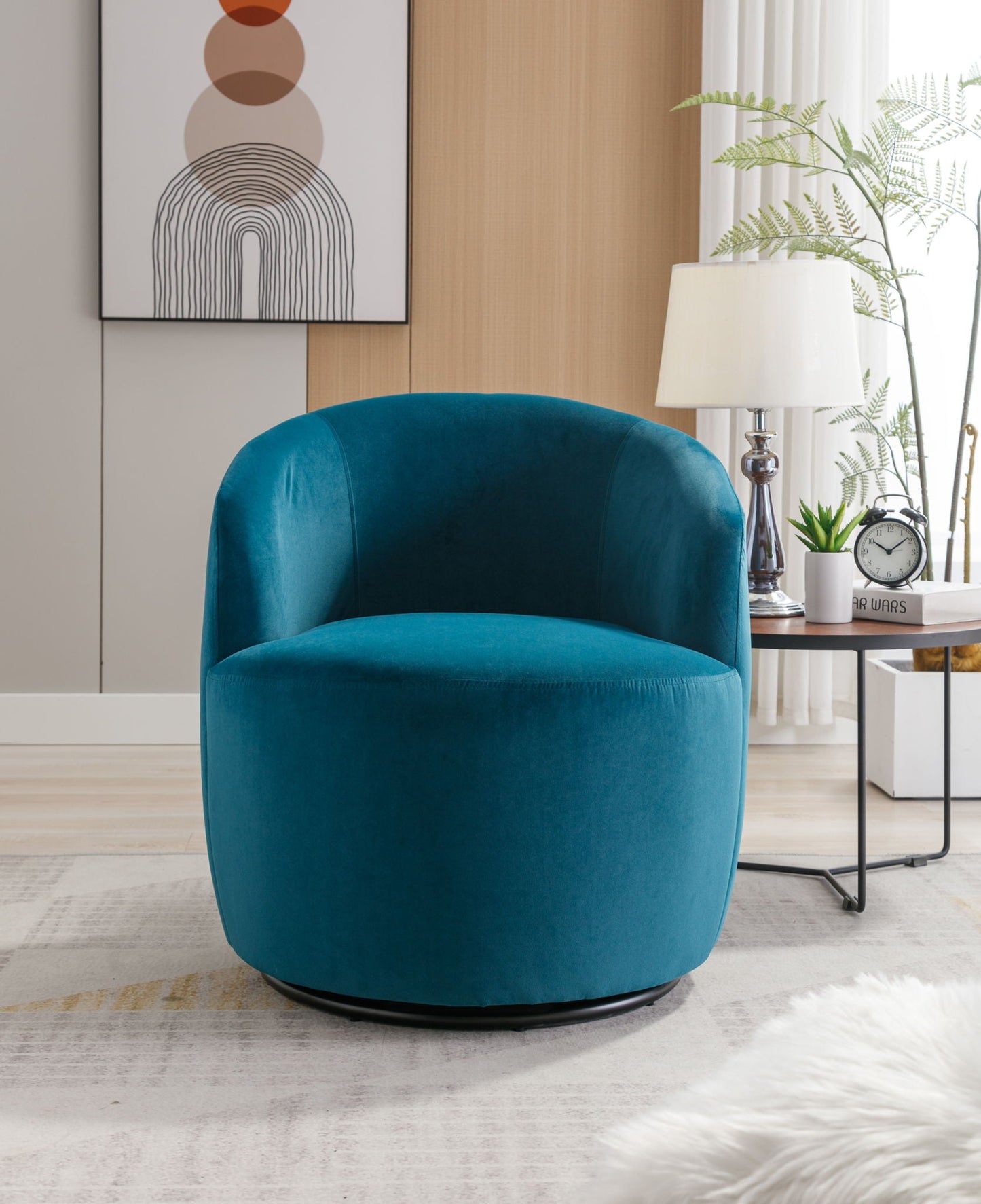Swivel Accent Armchair Barrel Chair With Powder Coating Metal Ring