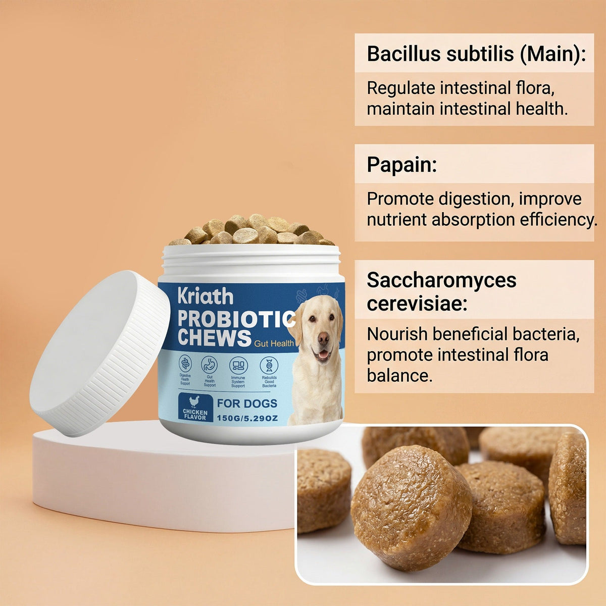 Kriath Dog Probiotic Chewable Tablets Mild Ingredients Daily Care Dog Body Balance Chewable Tablets