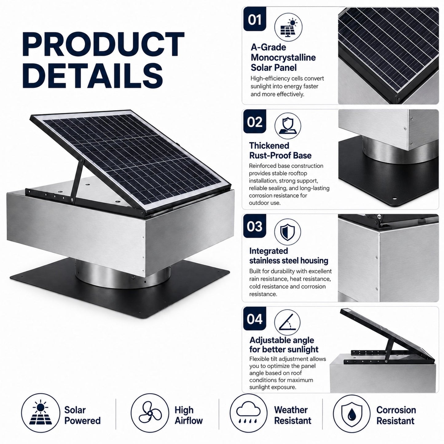 12" Stainless Steel Solar Roof Vent Fan, 40W Tilt Adjustable Solar Panel