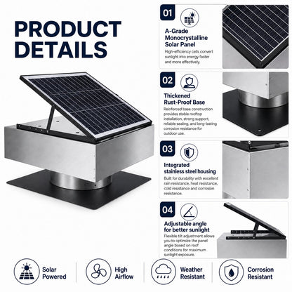 12" Stainless Steel Solar Roof Vent Fan, 40W Tilt Adjustable Solar Panel