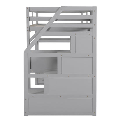 Loft Bed With Desk, Shelves, 2 Drawers, Storage Staircase