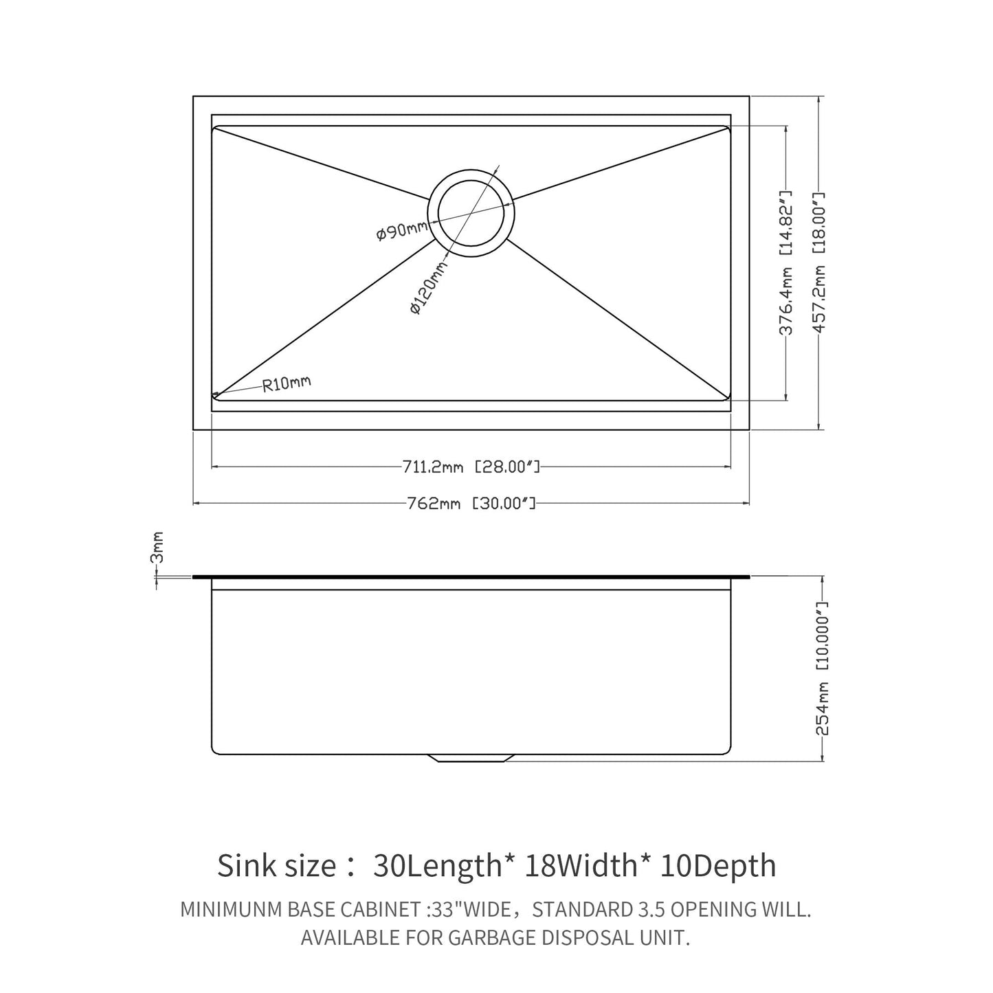 Workstation Kitchen Sink 30" X 18" X 10" Single Bowl Undermount 16 Gauge - Gunmetal Black