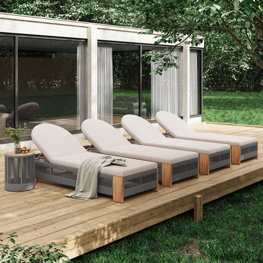 Outdoor Rope Chaise Lounge Set with Teak Look Side Table