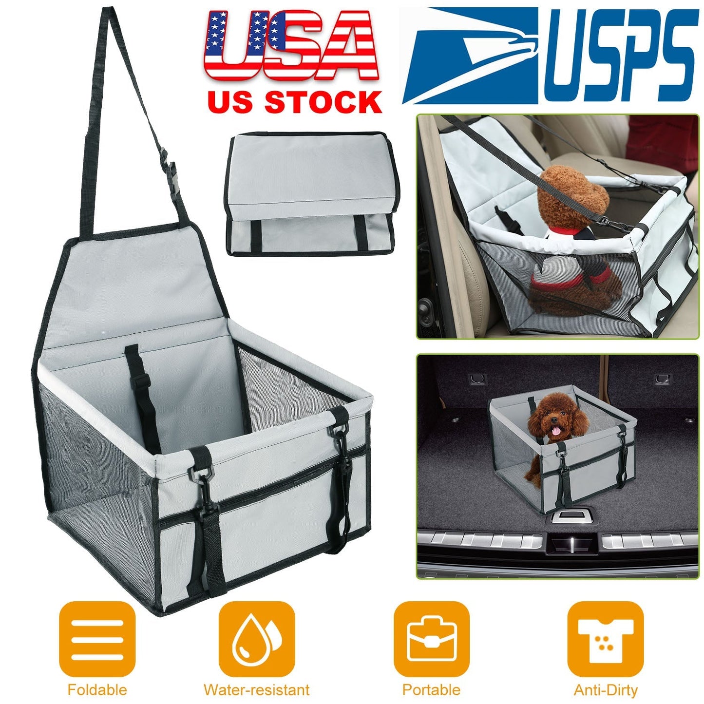 Dog Booster Car Seat Foldable Dog Booster Seat Pet Travel Carrier w/ Clip-on Safety Leash Zipper Storage Pocket for Small Medium Pets Up to 20Lbs