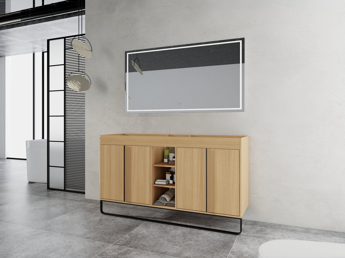 60-Inch Freestanding Bathroom Cabinet with Soft Close Doors & Open Storage