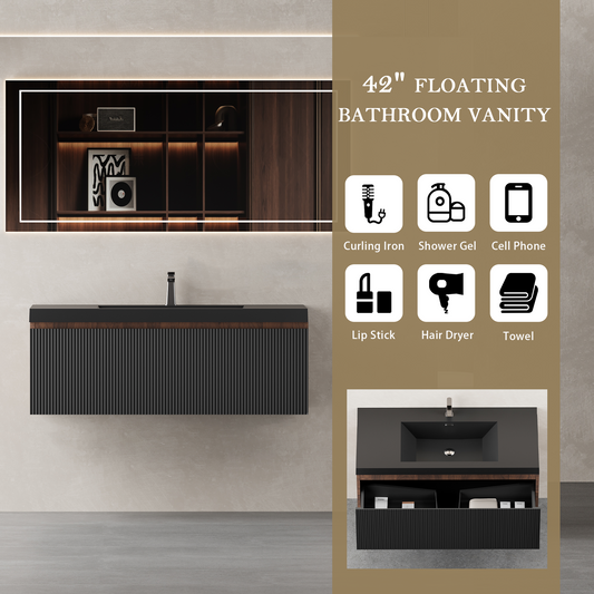 42" Floating Bathroom Vanity with Sink and Striped Storage Cabinet