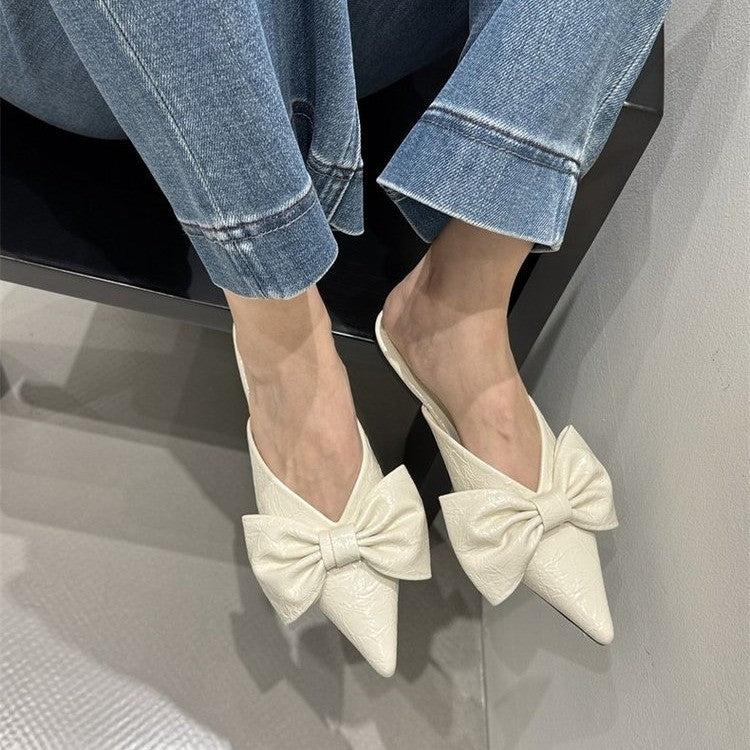 Women New Spring Summer Pointed Toe Bow V-Cut Mules, Elegant Flat Closed Toe Slide Sandals For Outdoor Wear