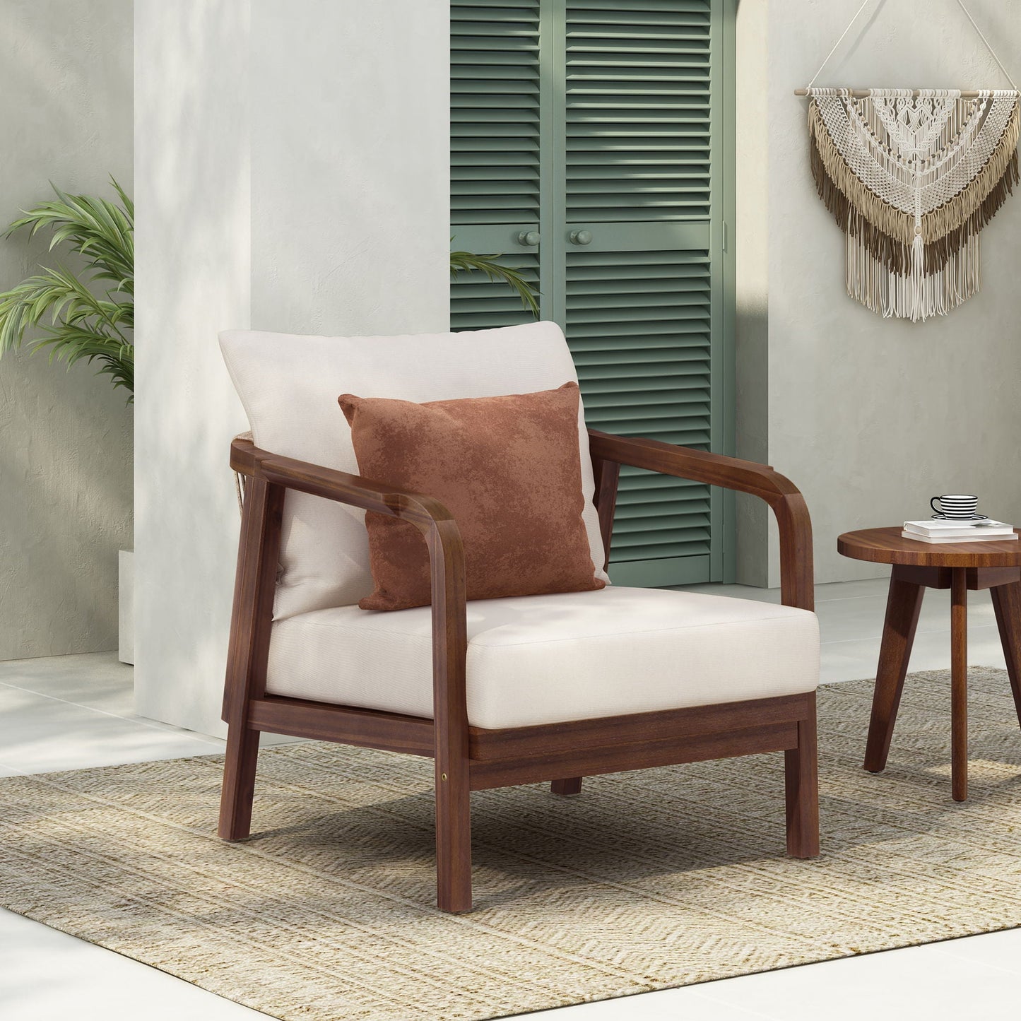 Outdoor Lounge Chair With Woven Backrest and Solid Wood Frame
