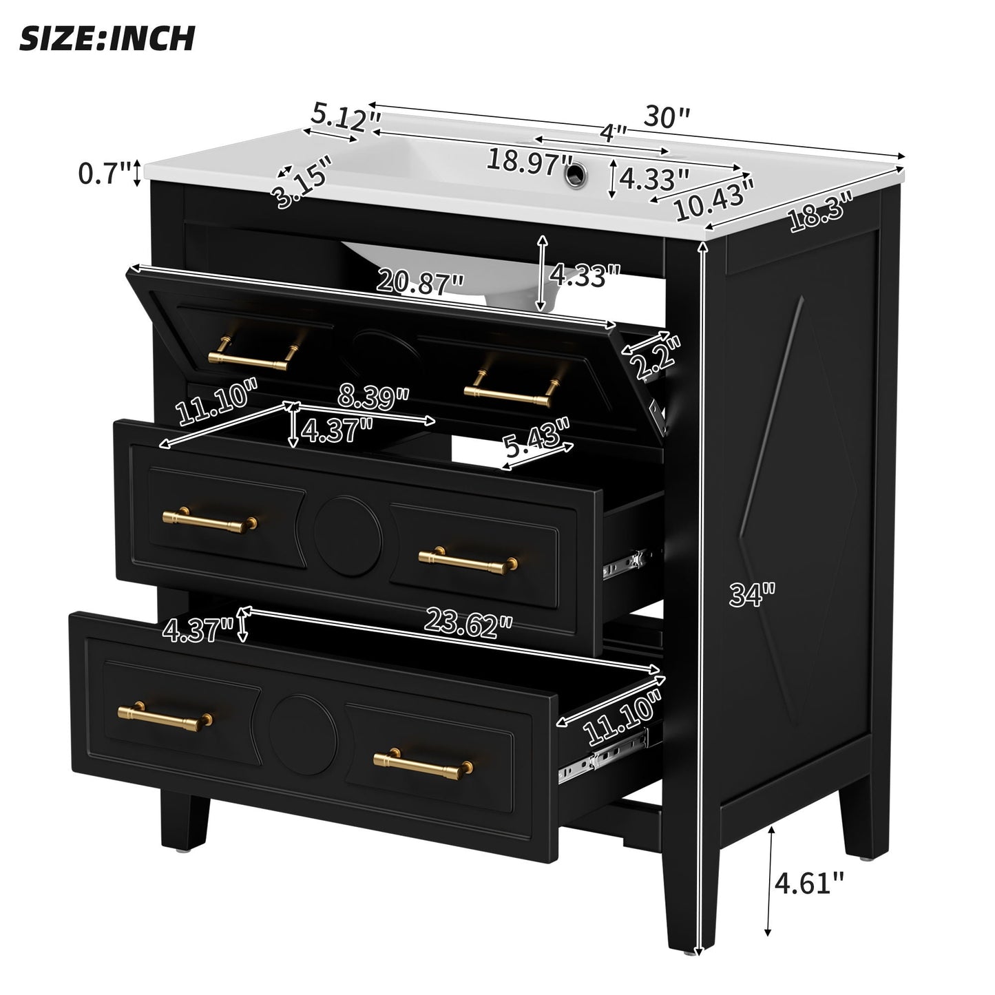 Retro Bathroom Vanity With Sink Combo, Free Standing Single Set With 3 Drawers