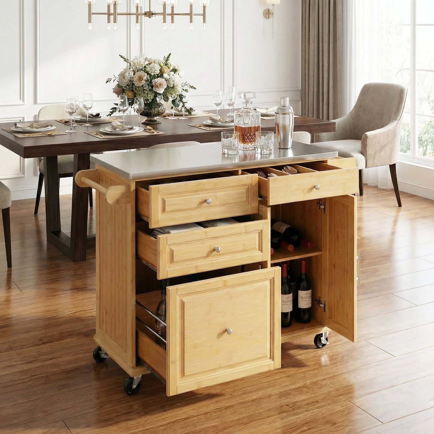 Indoor Bamboo Rolling Kitchen Island with Stainless Steel Top