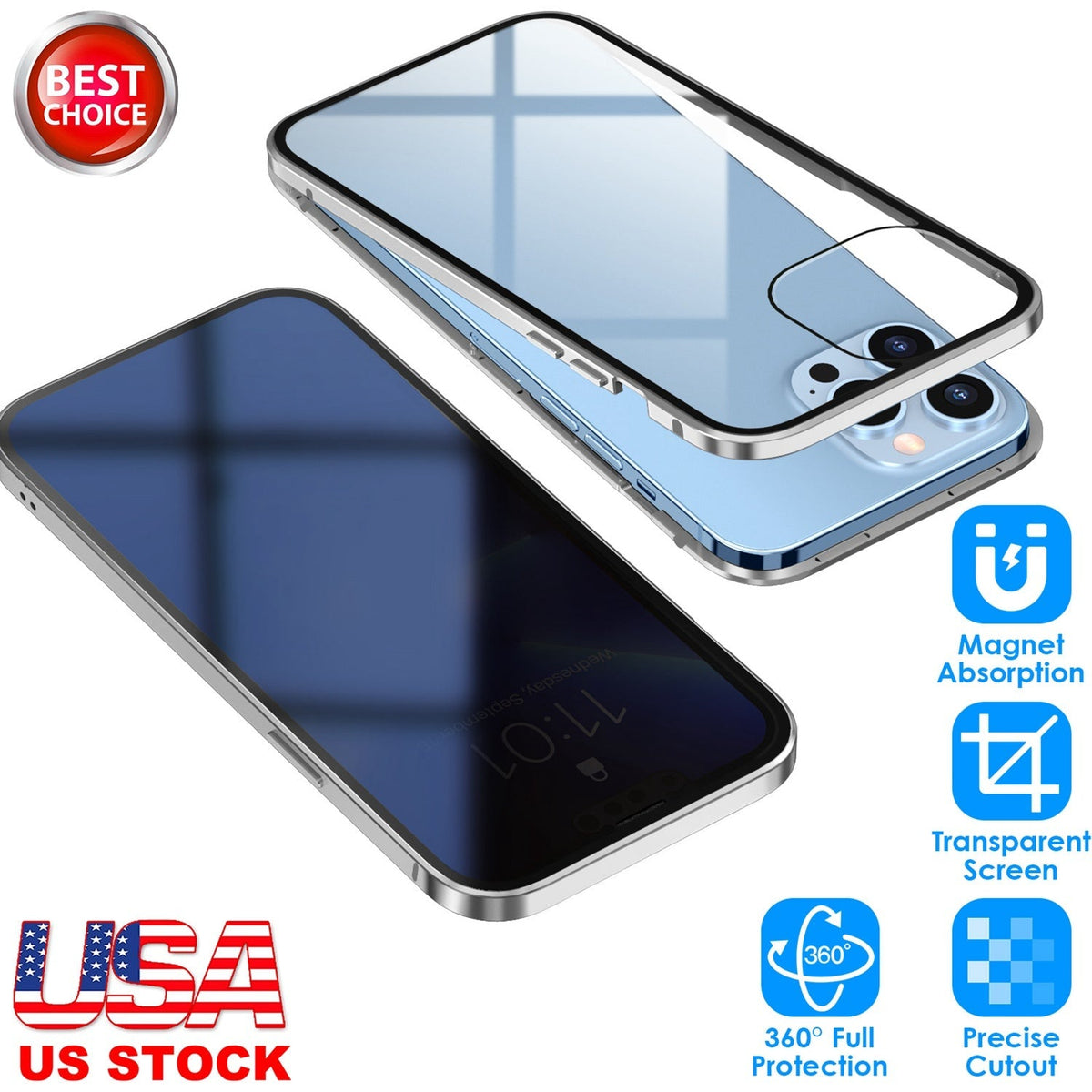 Privacy Magnetic Phone Case 360¡ Full Protection Anti Spy Phone Cover Double Sided Tempered Glass Magnet Absorption Fit for IOS Phone 13 Pro
