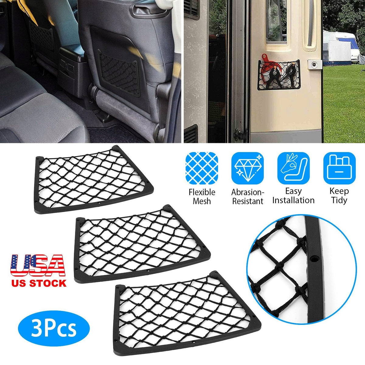 3Pcs Mesh Pockets Seat Side Back Wallet Phone Storage Net Bag Framed Stretch Car Bus Organizer Holder For Auto RV SUV Boat