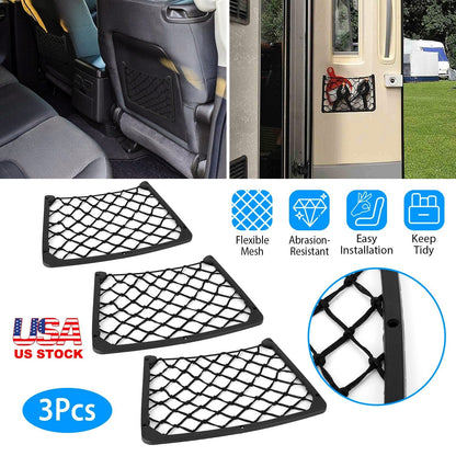 3Pcs Mesh Pockets Seat Side Back Wallet Phone Storage Net Bag Framed Stretch Car Bus Organizer Holder For Auto RV SUV Boat