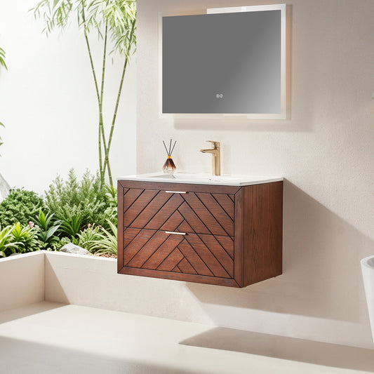 30" Pre-Assembled Wall Mounted & Floating Single Vanity Cabinet with 1-Hole Ceramic Top
