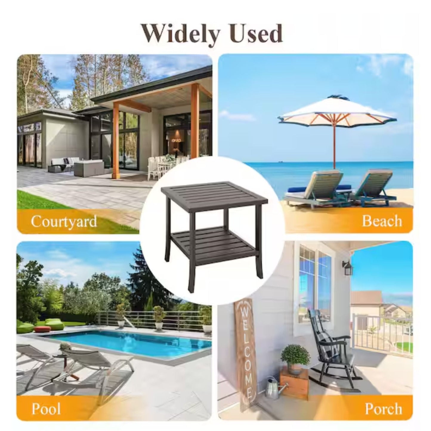 Square 2 Tier All-Weather Outdoor Side Table With Slatted Top