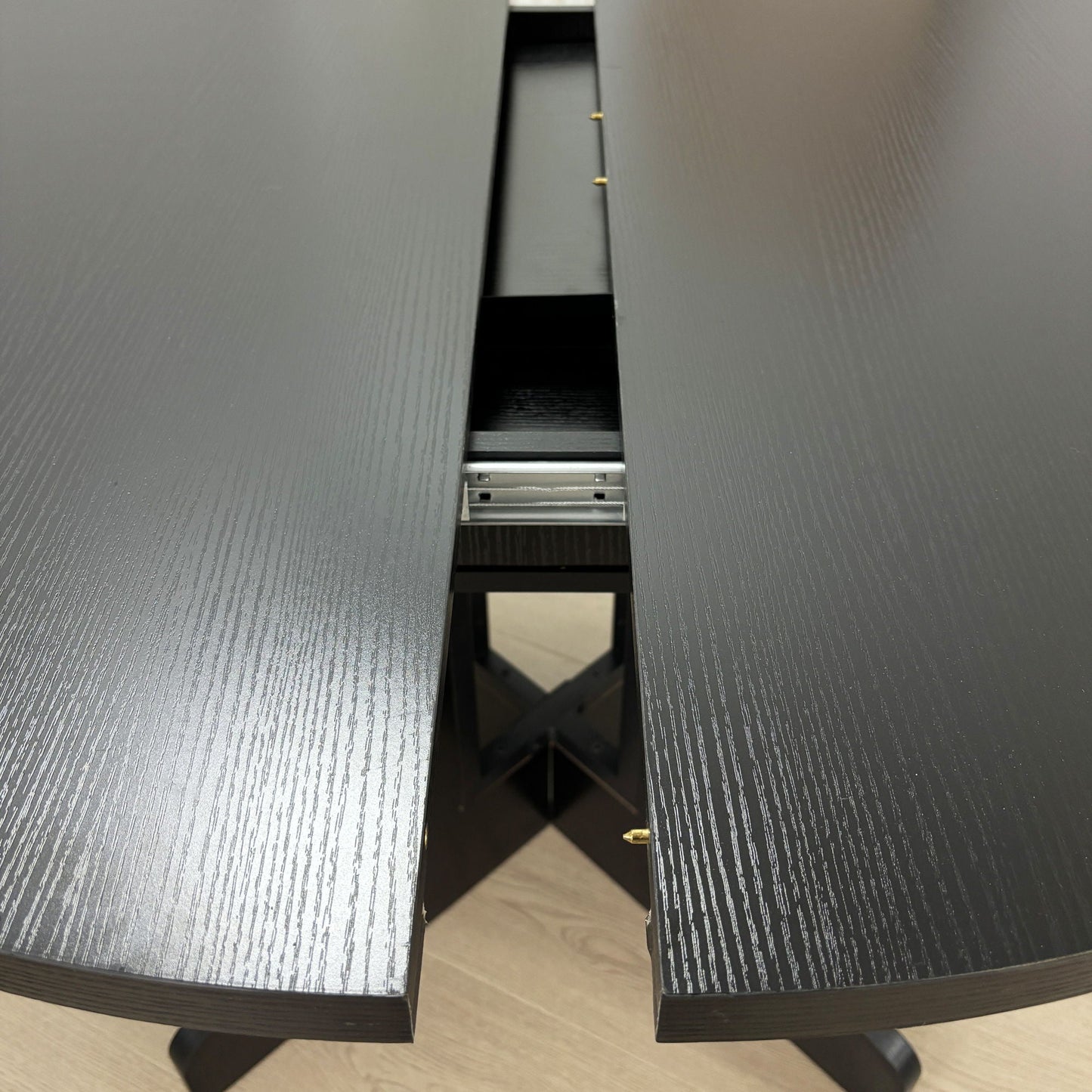 Dining Table For Farmhouse Kitchen Expandable Oval Table Top With Removable Leaf Trestle X Shaped Base - Black
