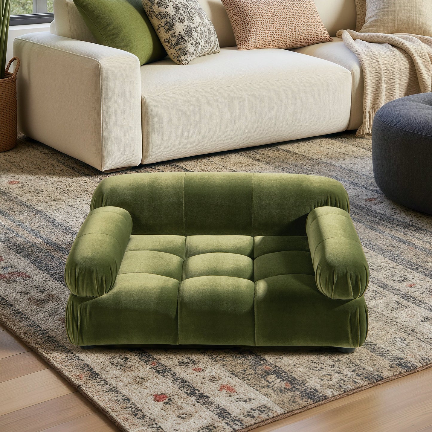Marcel Upholstered Modern Small to Medium Pet Bed For Dogs and Cats Olive Green Velvet