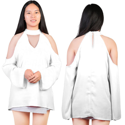 Women\'s Sexy Off The Shoulder Blouses Cold Shoulder Tops V-Neck Long Sleeve T-Shirt Solid Color Summer