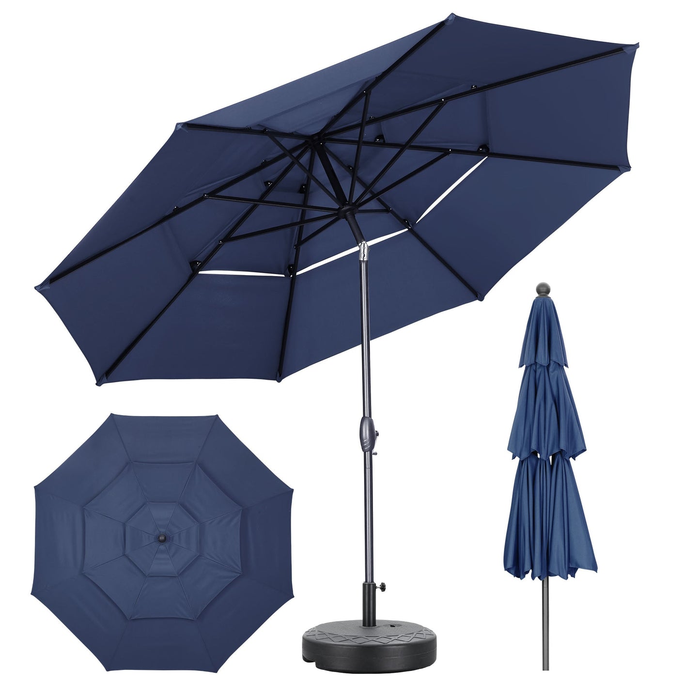 Ainfox 10FT 3 tier vented Outdoor Table Umbrella with Partern Umbrella Base For Beach Market Backyard Camping