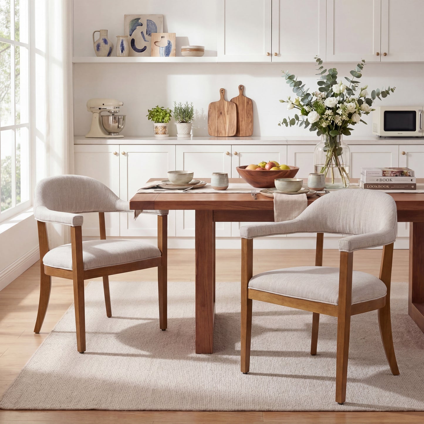 Wood Frame Upholstered Dining Chairs with Armrests (Set of 2)
