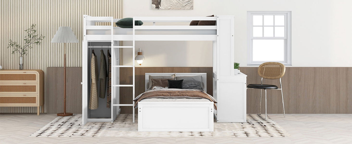 Loft Bed With A Stand Alone Bed, Shelves, Desk, And Wardrobe