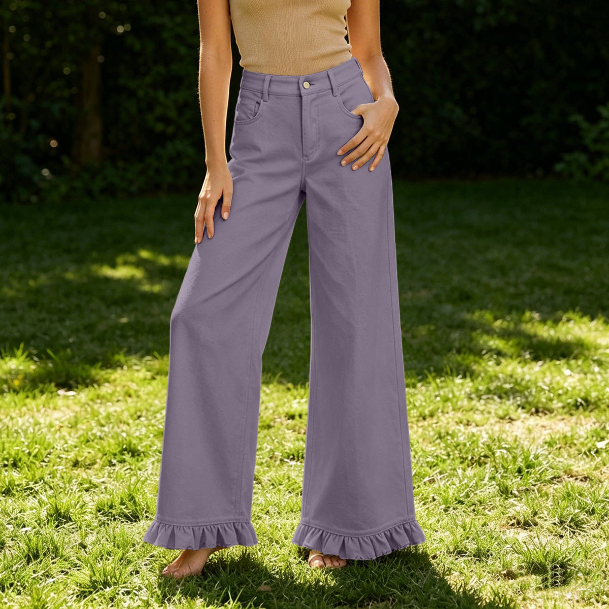 High-waisted Cotton-linen Wide-leg Pants With Ruffled Hem