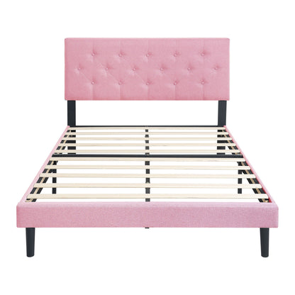 Modern Upholstered Platform Bed Frame With Button Tufted Fabric Headboard