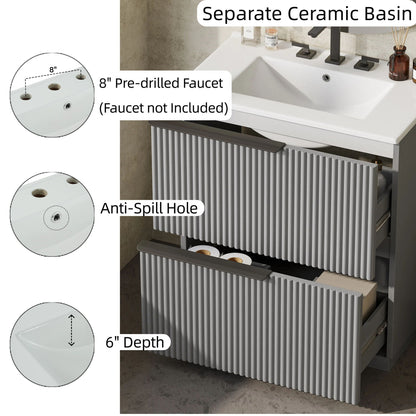 Fluted Bathroom Vanity With Ceramic Sink, Freestanding Cabinet