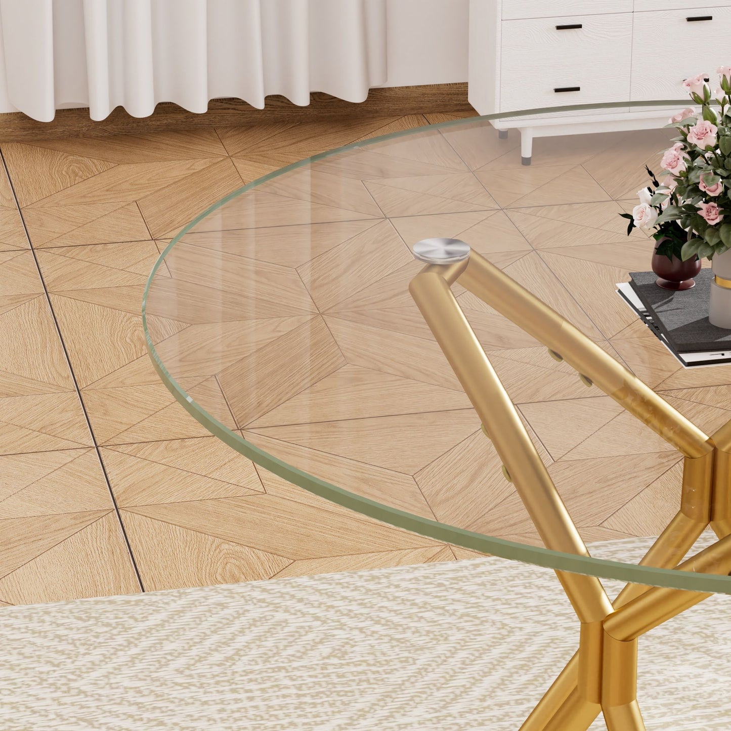 Modern Round Tempered Glass Dining Table With Sturdy Metal Legs For 1 - 4 People - Gold
