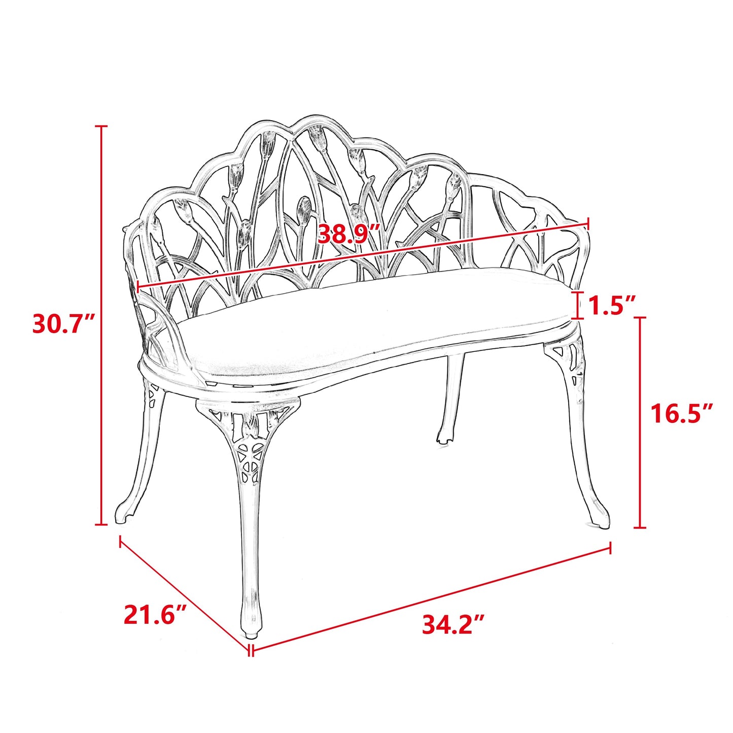 Tulip Patio Garden Bench Metal Park Bench Cast Aluminum Outdoor Furniture