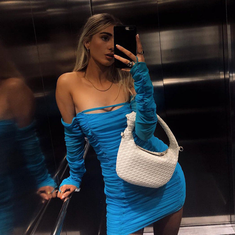Pure Color Hollow Shoulder  Back Pleated Short Dress